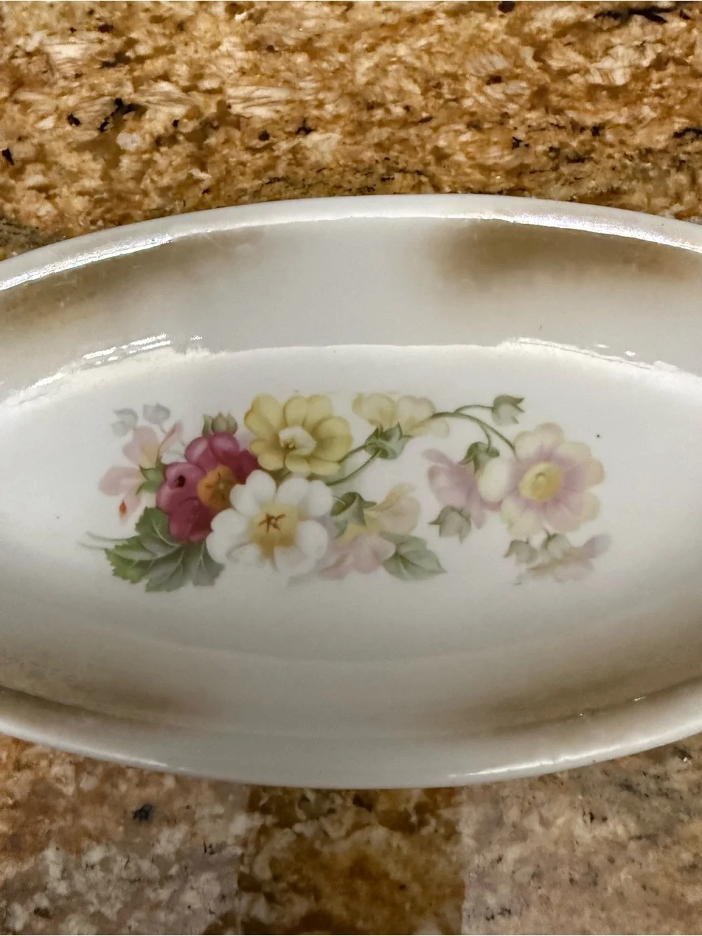 Vintage Floral Ceramic Serving celery Dish in White and Pastel Floral